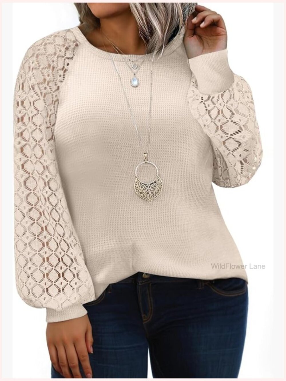 Plus Size Long Sleeve Lace Crew Neck Waffle Knit Tunic Top 1X-5X